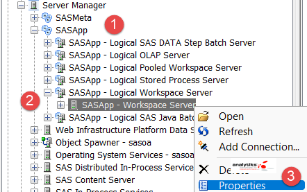 SAS Management Console navigation to Workspace Server properties